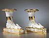 A very fine pair of Empire gilt and white Paris Porcelain rhyton vases, each formed as an antique cornucopia rhyton-shaped vase